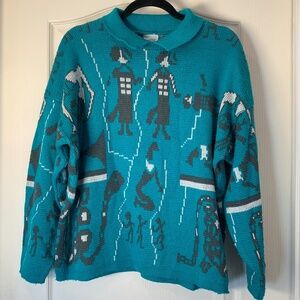Papillon Vintage Art Knit Sweater Turquoise Graphic Pattern 90s Retro L